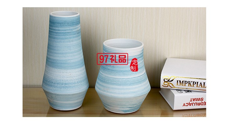 景德鎮(zhèn)陶瓷花瓶套裝 客廳擺件工藝品 藍色螺紋陶瓷兩件套花瓶擺件