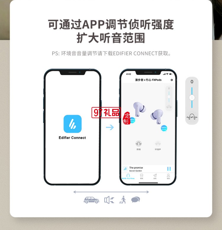 漫步者（EDIFIER）冇心版 真無(wú)線主動(dòng)降噪耳機(jī) 藍(lán)牙高檔禮品定制