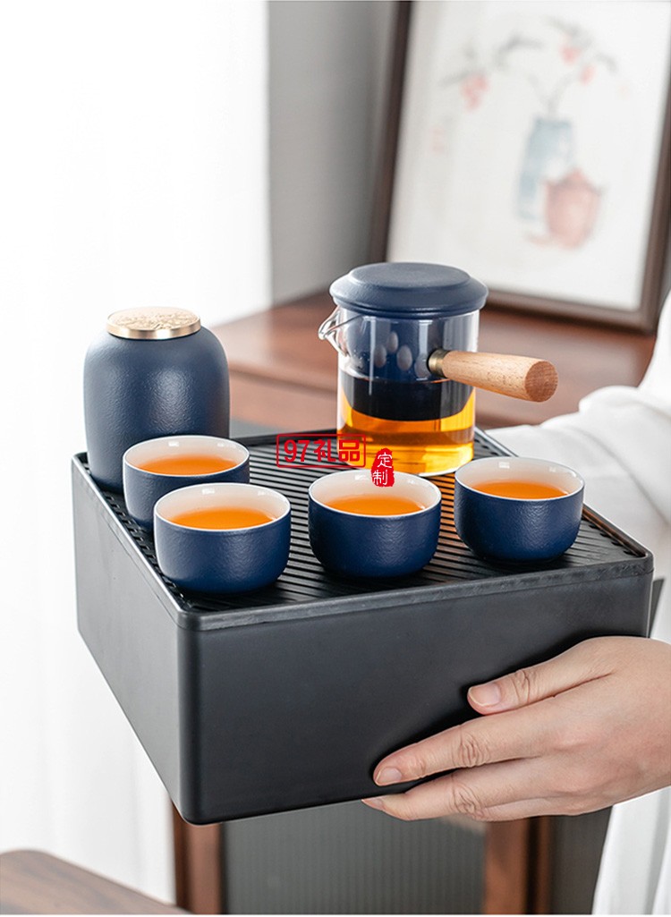 新品創(chuàng)意陶瓷便攜旅行茶具套裝茶盤(pán)皮包戶(hù)外一壺四杯 可定制logo