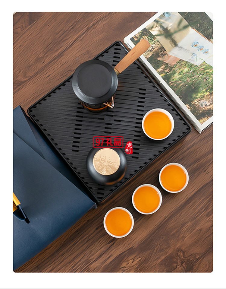 新品創(chuàng)意陶瓷便攜旅行茶具套裝茶盤(pán)皮包戶(hù)外一壺四杯 可定制logo