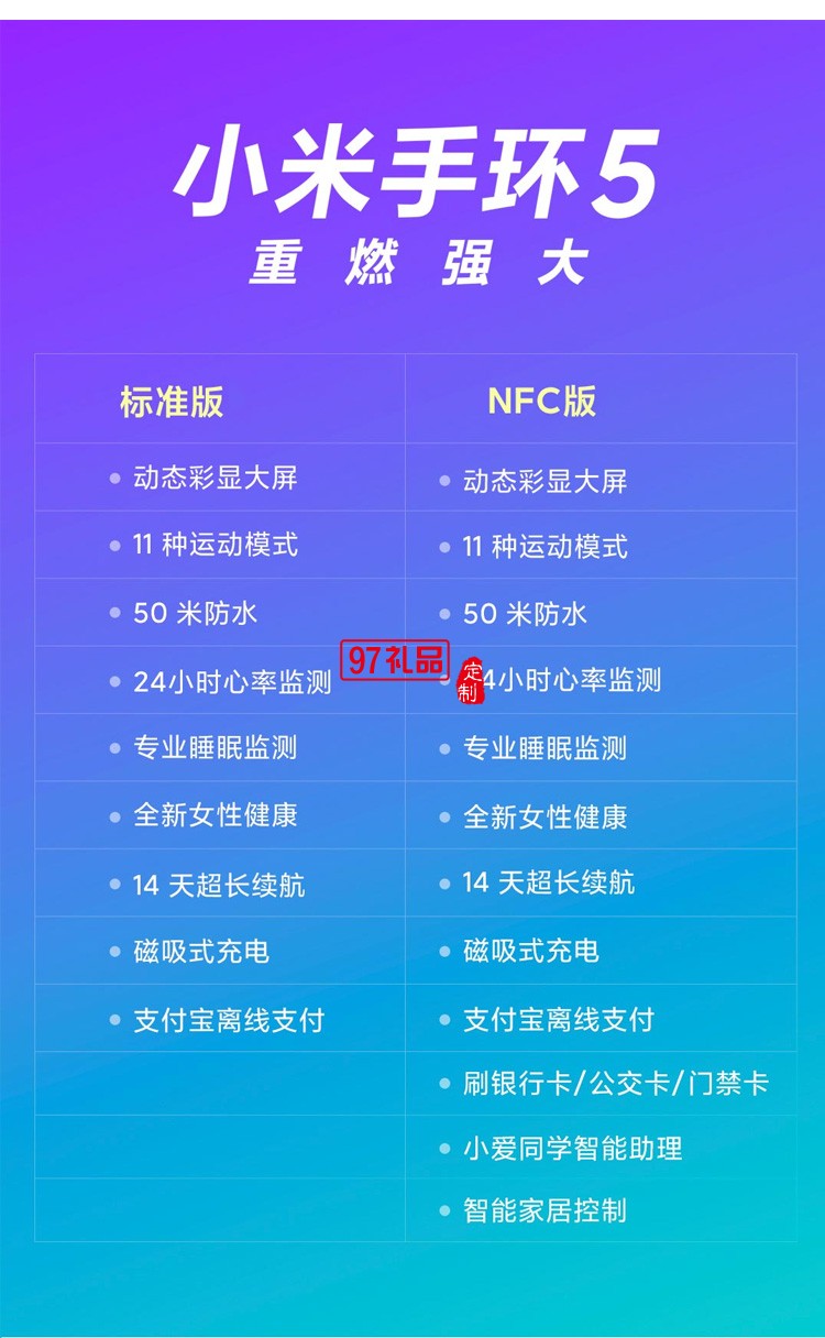 小米手環(huán)5NFC運(yùn)動手環(huán)心率監(jiān)測多功能智能手表定制公司廣告禮品